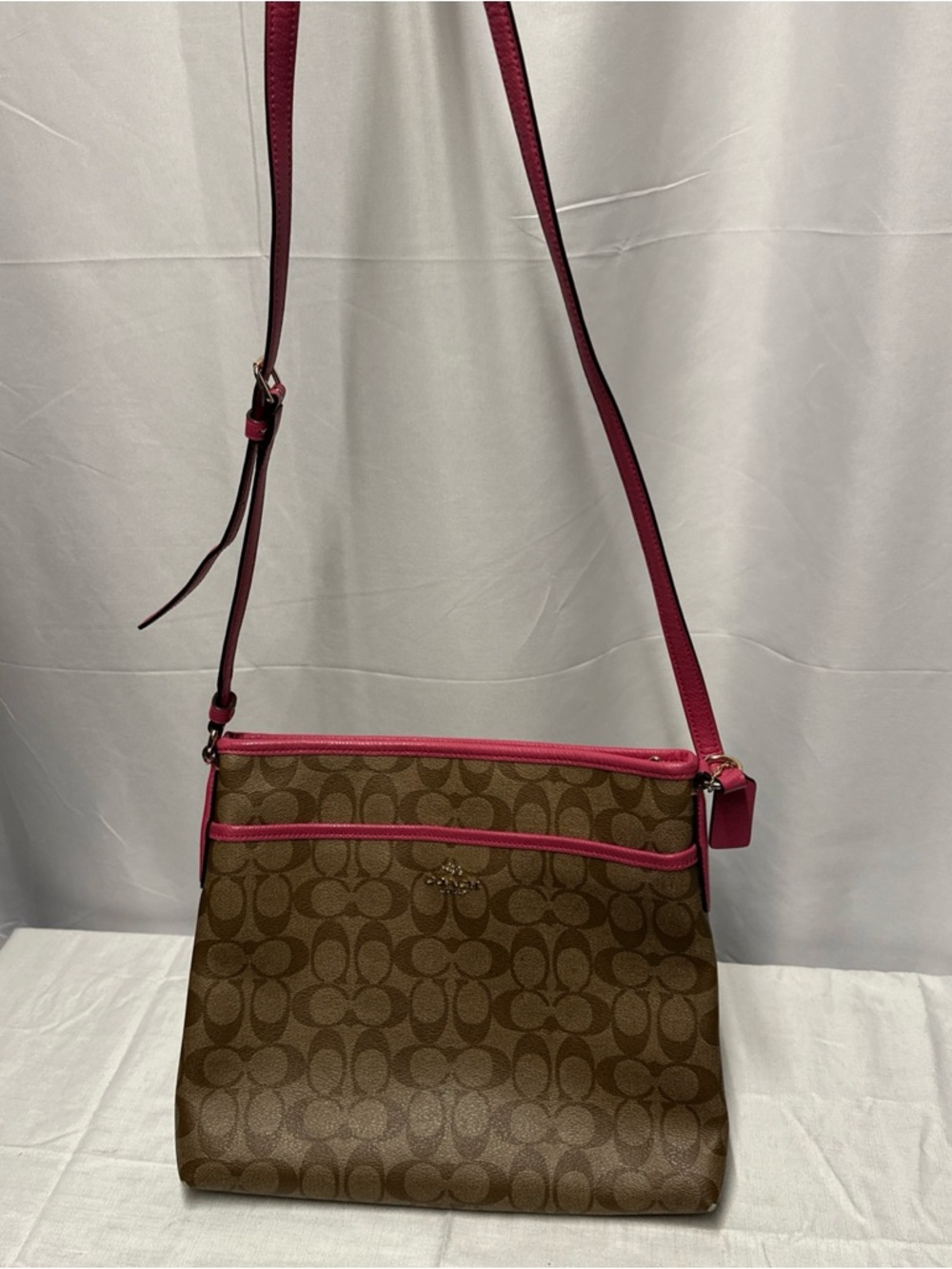 Coach Brown Signature Crossbody with Pink Trim